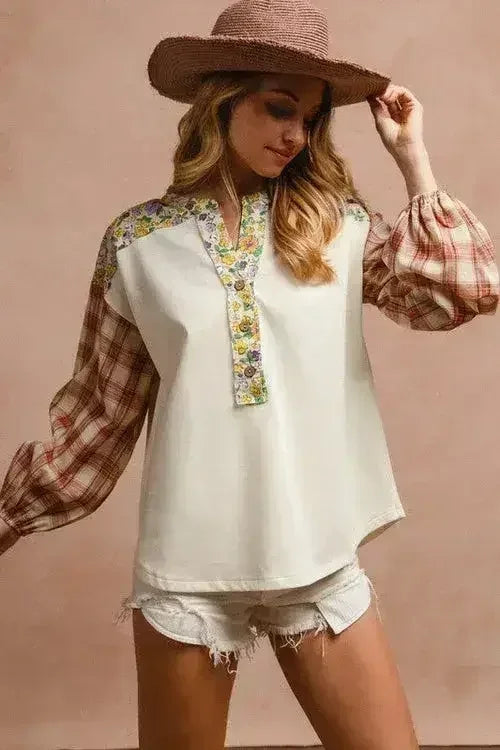 BiBi Floral Notched Plaid Balloon Sleeve Top - Femstylo