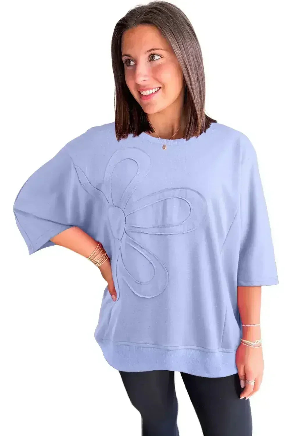 Clearly Aqua Solid Color Floral Patched Half Sleeve Tunic Top - Femstylo