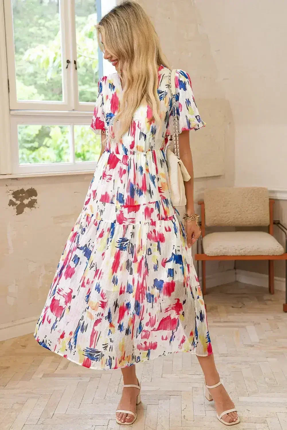 Sky Blue Abstract Print Short Puff Sleeve Tiered Maxi Dress - Femstylo