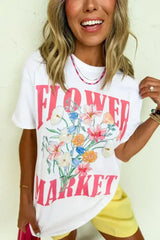 White FLOWER MARKET Letter Graphic T Shirt - Femstylo