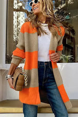 Orange Colorblock Ribbed Knit Cardigan - Femstylo