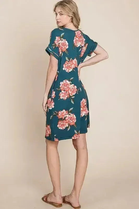 BOMBOM Floral Round Neck Short Tee Dress with Pockets - Femstylo