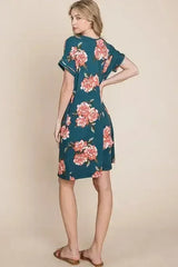 BOMBOM Floral Round Neck Short Tee Dress with Pockets - Femstylo