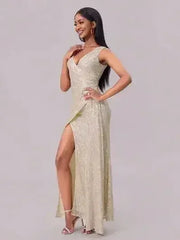 Slit Sequin Surplice Sleeveless Maxi Dress - Femstylo