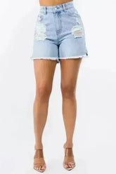 American Bazi High Waist Distressed Raw Hem Denim Shorts - Femstylo