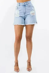 American Bazi High Waist Distressed Raw Hem Denim Shorts - Femstylo