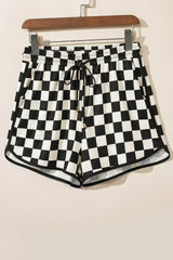 Black Checkered Drawstring Elastic Waist Casual Shorts - Femstylo