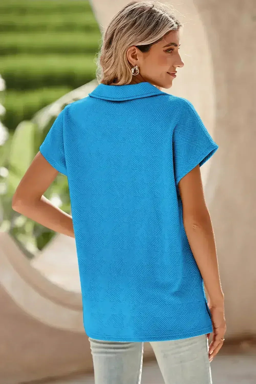 White Textured V Neck Collared Split Hem T Shirt - Femstylo