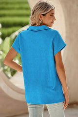 White Textured V Neck Collared Split Hem T Shirt - Femstylo