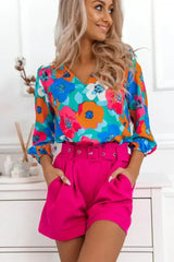 Floral V-Neck Blouse - 3/4 Sleeve Office Wear | Femstylo - Femstylo