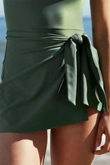 Black Side Tied Waist Square Neck Adjustable Straps A Line One Piece Swim Dress - Femstylo