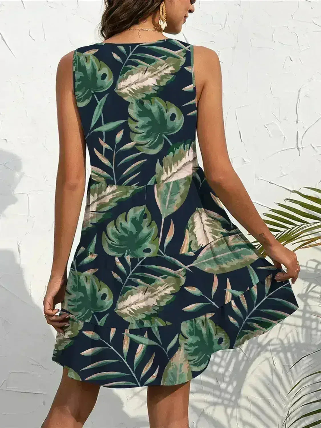 Printed V-Neck Mini Dress – Sleeveless & Button Detail - Femstylo