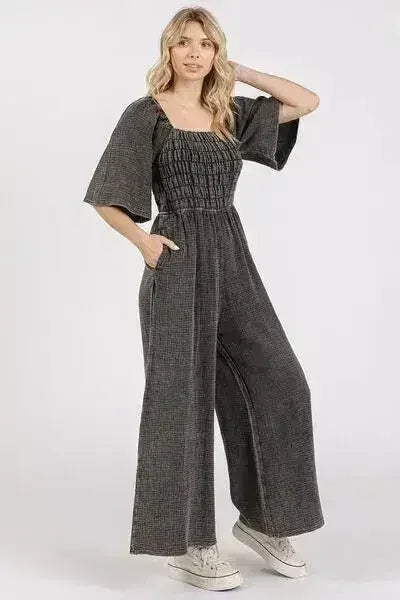 Mittoshop Mineral Wash Wide Leg Jumpsuit - Gauze Ruched Style - Femstylo