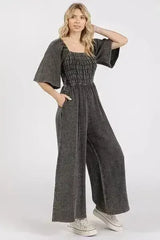 Mittoshop Mineral Wash Wide Leg Jumpsuit - Gauze Ruched Style - Femstylo