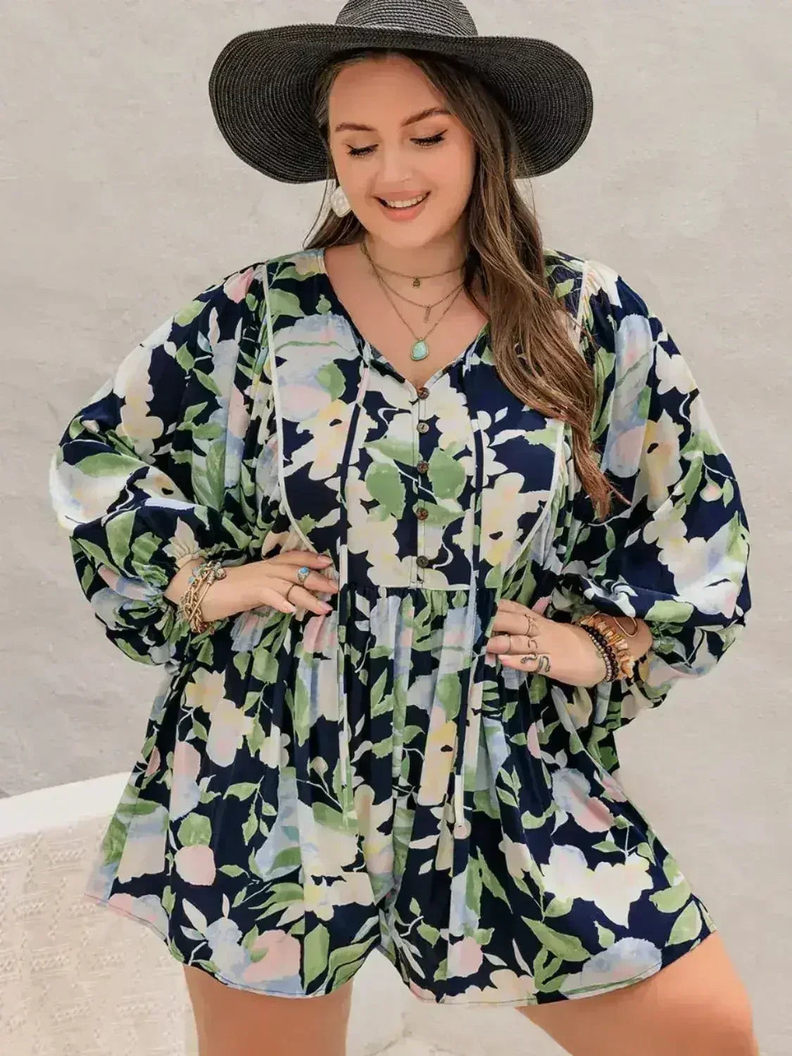 Plus Size Tied Printed Long Sleeve Romper - Femstylo