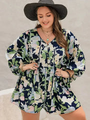 Plus Size Tied Printed Long Sleeve Romper - Femstylo