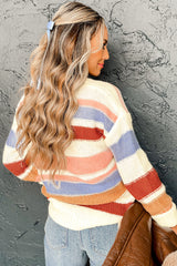 Pink Striped Colorblock Round Neck Drop Shoulder Sweater