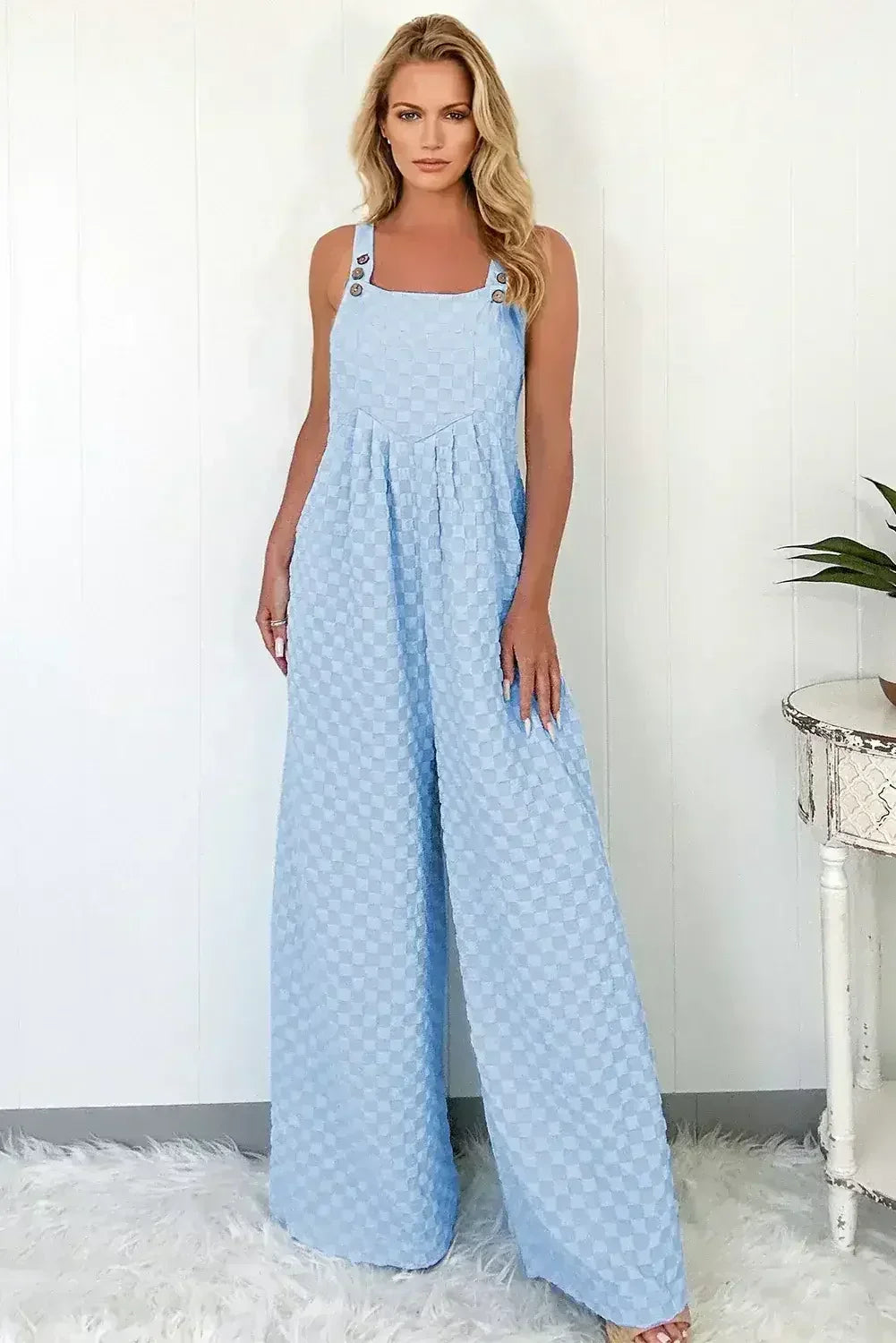 Beige Checkered Pocket High Waist Wide Leg Overall - Femstylo