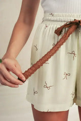 White Bow Pattern Lace Tie Elastic Waist Shorts - Femstylo