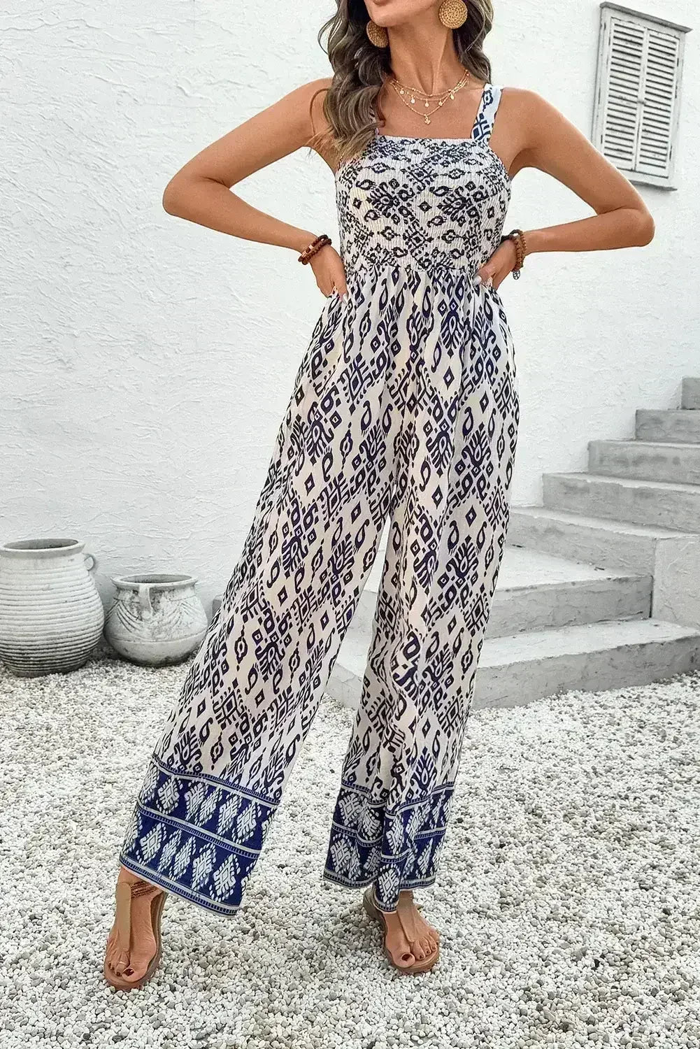 Blue Boho Geometric Print Smocked High Waist Wide Leg Jumpsuit - Femstylo