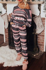 Black Retro Christmas Pattern Loose Pullover 2pcs Lounge Pant Set