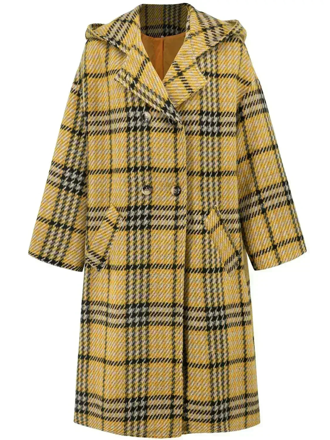 Plaid Double-Breasted Long Sleeve Longline Coat - Femstylo