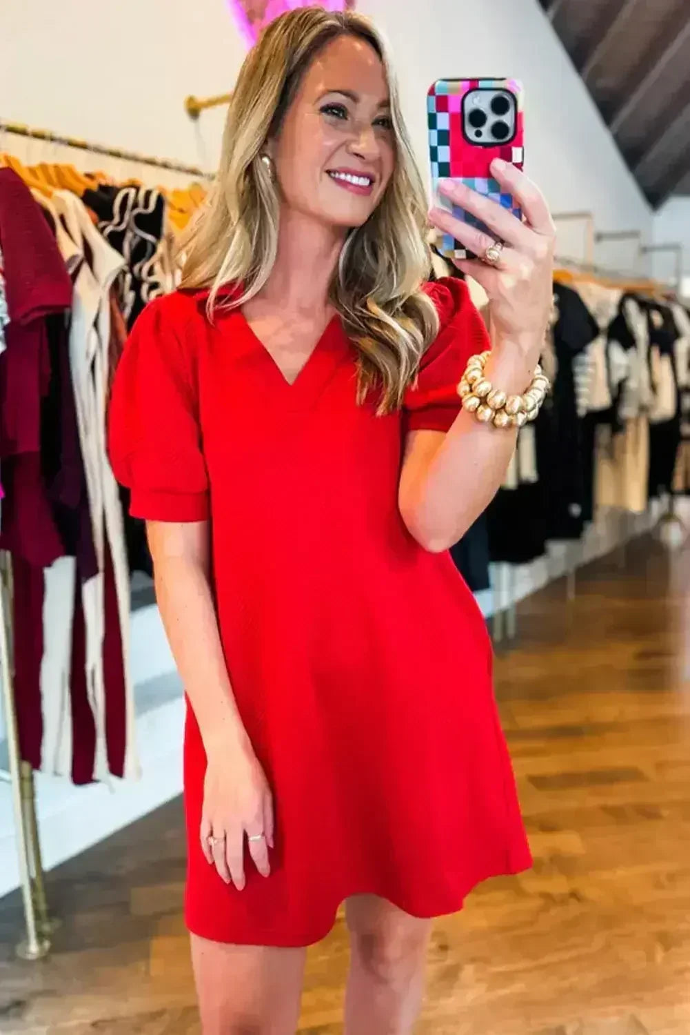 Fiery Red V Neck Puff Sleeve Textured Mini Dress - Femstylo