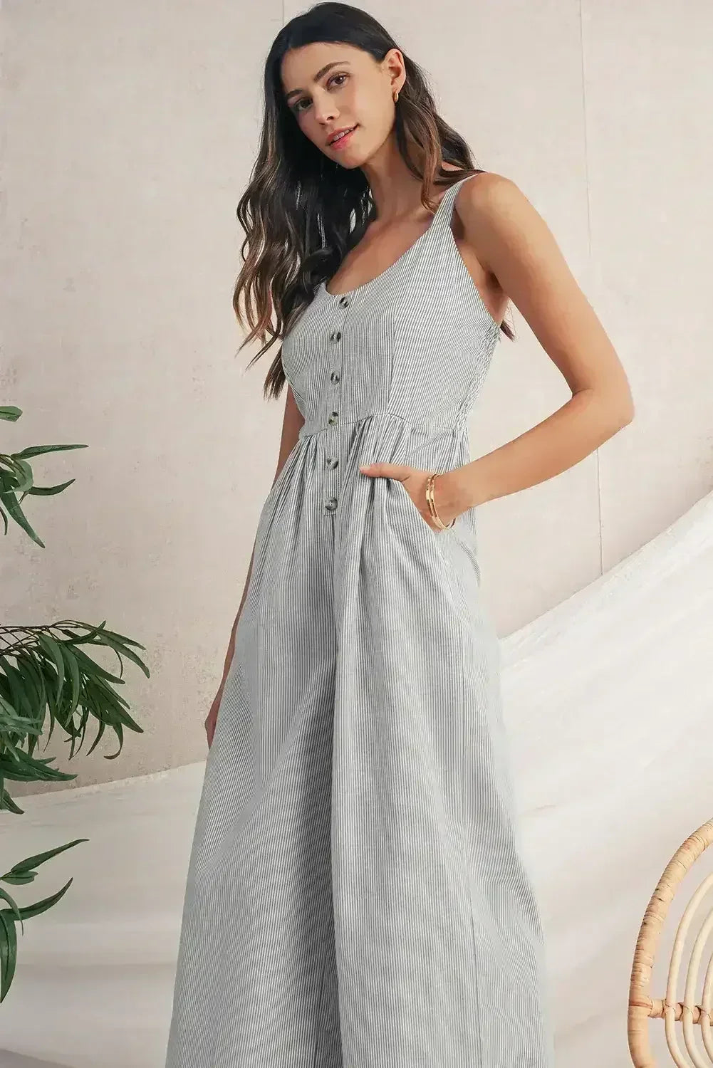 Black Stripe Half Buttoned Sleeveless Wide Leg Jumpsuit - Femstylo