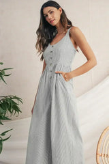 Black Stripe Half Buttoned Sleeveless Wide Leg Jumpsuit - Femstylo