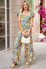 Yellow Floral Allover Print Shirred Cut Out High Waist Jumpsuit - Femstylo