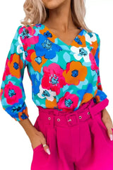 Floral V-Neck Blouse - 3/4 Sleeve Office Wear | Femstylo - Femstylo