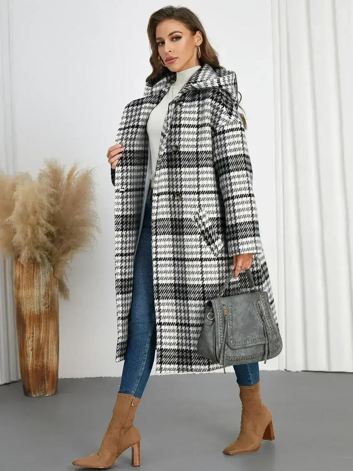 Plaid Double-Breasted Long Sleeve Longline Coat - Femstylo