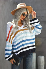 Women's Multicolor Stripe Bubblegum V-Neck Braided Knit Sweater - Femstylo