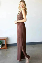 First Love Tie Back Sleeveless Slit Wide Leg Jumpsuit - Femstylo