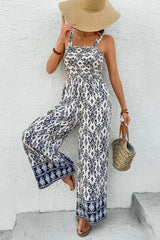 Blue Boho Geometric Print Smocked High Waist Wide Leg Jumpsuit - Femstylo