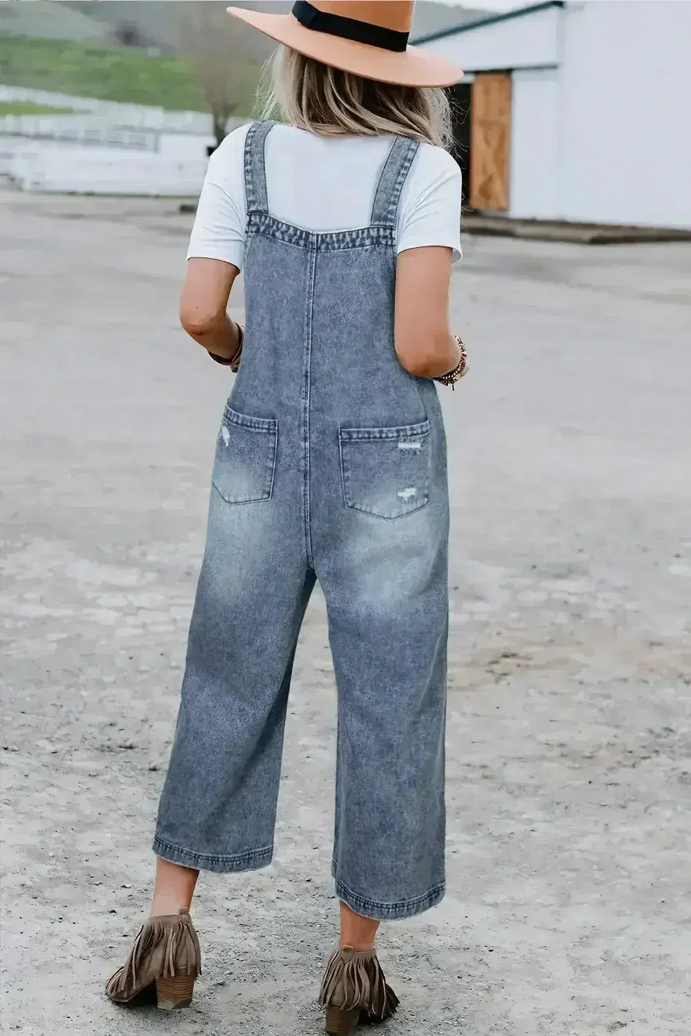 Stone Blue Distressed Bib Pocket Wide Leg Denim Overall - Femstylo