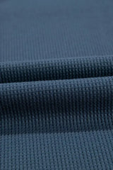 Blue Exposed Seam Drop Sleeve V Neck Waffle Textured Top - Femstylo