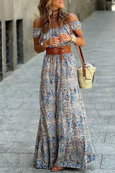 Blue Boho Paisley Print Off Shoulder Maxi Dress - Femstylo