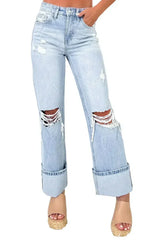Beau Blue Light Wash Distressed Flare Jeans - Femstylo