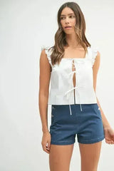 MABLE Poplin Ruffle Strap Front Self Tie Top - Femstylo