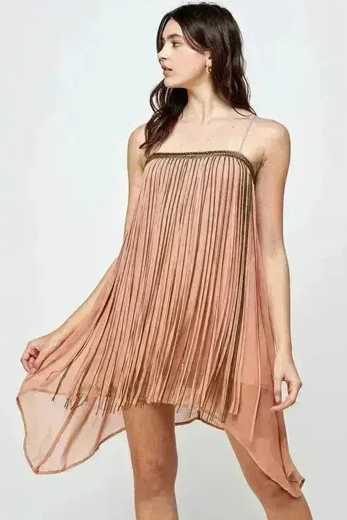 Flowy Sleeveless Mini Dress with Metallic Accents - Femstylo