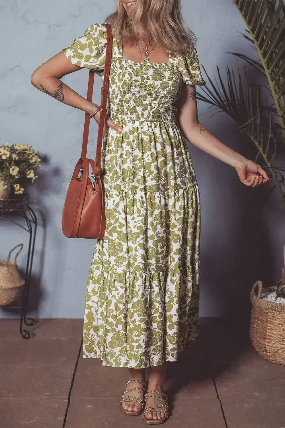 Yellow Boho Floral Print Square Neck Puff Sleeve Tiered Maxi Dress - Femstylo