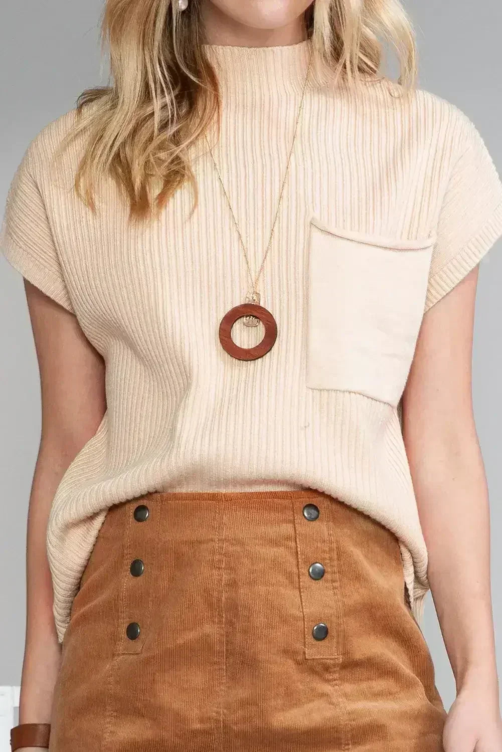 Mineral Red Patch Pocket Ribbed Knit Short Sleeve Sweater - Femstylo