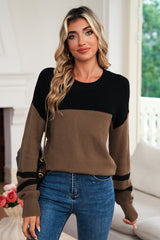 Dark Brown Colorblock Striped Sleeve Detail Knit Sweater