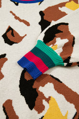 Apricot Contrast Ribbed Stripes Animal Pattern Knit Sweater