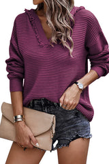 Purple Split V Neck Pullover Hooded Sweater
