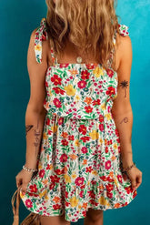 Red Floral Print Knotted Strap Cinched Waist Ruffle Hem Mini Dress - Femstylo