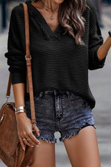 Black Split V Neck Pullover Knit Hooded Sweater