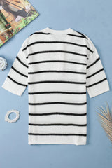 White Stripe Drop Shoulder Bracelet Sleeve Henley Knit Tee