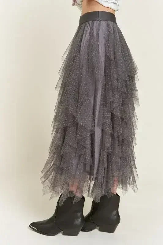 PLUS LAYER POLKA DOT MESH LINED A-LINE MIDI SKIRT - Femstylo